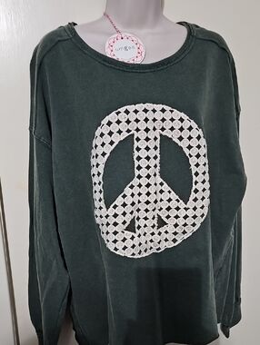 Umgee Dark Green Top with White Crochet Peace Motif